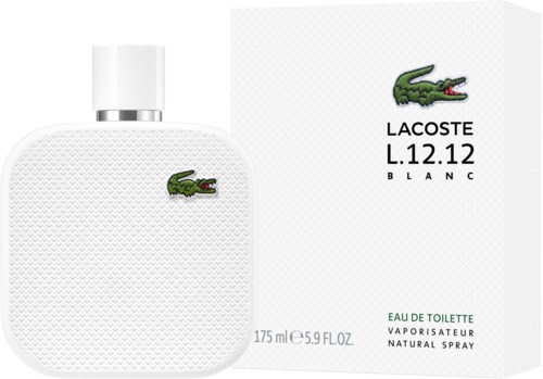 En vit Lacoste-parfymflaska och låda med grön krokodillogga och svart text.