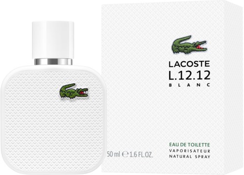 Lacoste L.12.12 Blanc parfymflaska och box, med en grön krokodillogga.