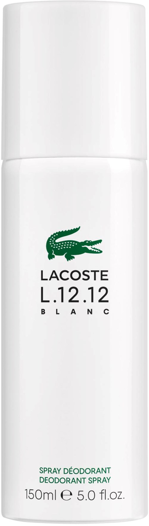 A white bottle with a green crocodile logo, labeled Lacoste L.12.12 Blanc deodorant spray, 150ml.