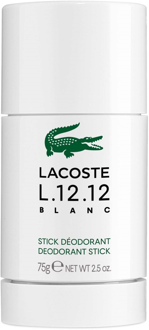 Lacoste-deodorantstick met krokodillenlogo en productnaam op witte houder. Het weegt 75 gram.