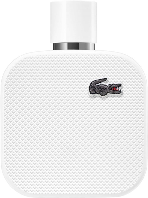 Een witte Lacoste-parfumbot met een getextureerd oppervlak en het iconische krokodillensymbool.