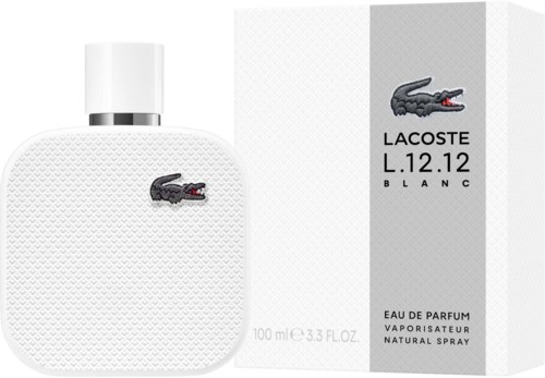 Een witte parfumfles met een zwart krokodillenlogo, naast de bijpassende doos, met label Lacoste L.12.12 Blanc.