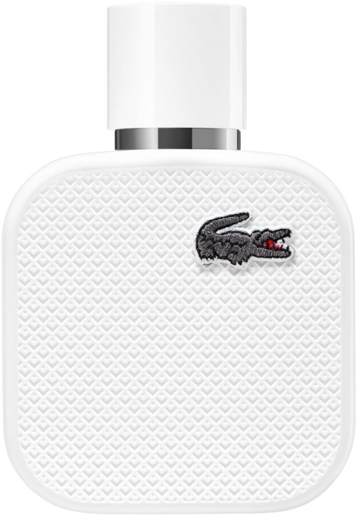 Een witte parfumfles met een zwart krokodillelogo op een getextureerd oppervlak.