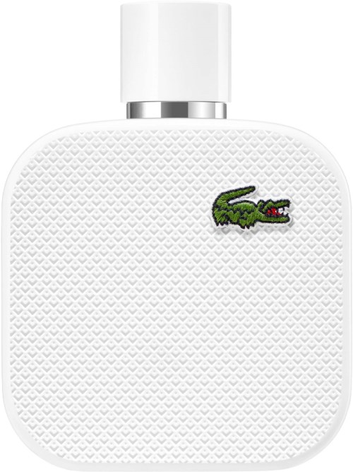 Witte Lacoste-parfumfles met groen krokodillenlogo.