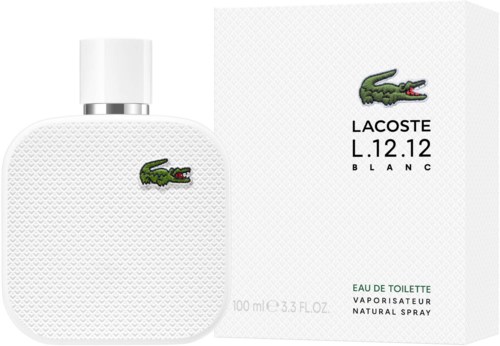 Lacoste parfumfles en doos, beide wit met groene krokodil logo, gelabeld L.12.12 Blanc, 100 ml.