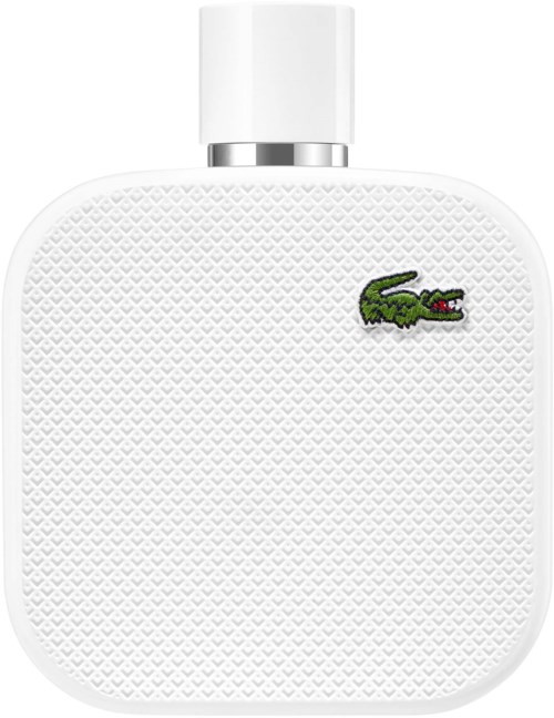 Een witte Lacoste-parfumbottel met een textured oppervlak en een kleine groene krokodillelogo.
