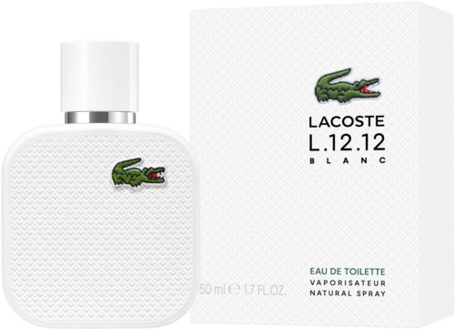 Lacoste L.12.12 Blanc perfume bottle next to box with crocodile logo and name.