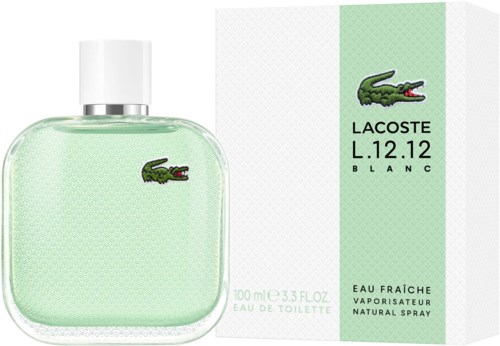 Een parfumfles en doos met een groene krokodillenaam en lichtgroene geur genaamd Lacoste L.12.12 Blanc.