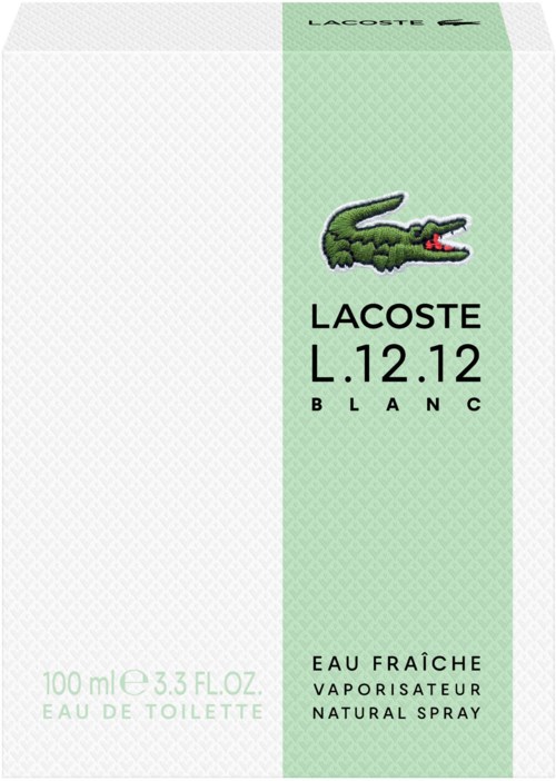 Lacoste-parfumdoos met een groene krokodillesticker en tekst, met instructies voor 100 ml Eau de Toilette spray.
