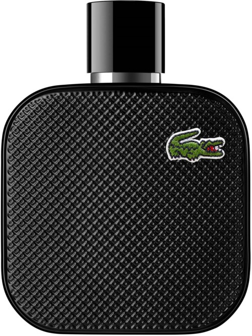 Een zwarte Lacoste-parfumfles met een getextureerde rand en een krokodillensymbool op de voorkant.