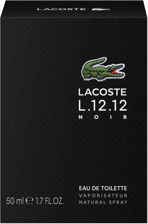 De afbeelding toont een zwart doosje met Lacoste-logo, geur naam L.12.12 Noir en parfum details.