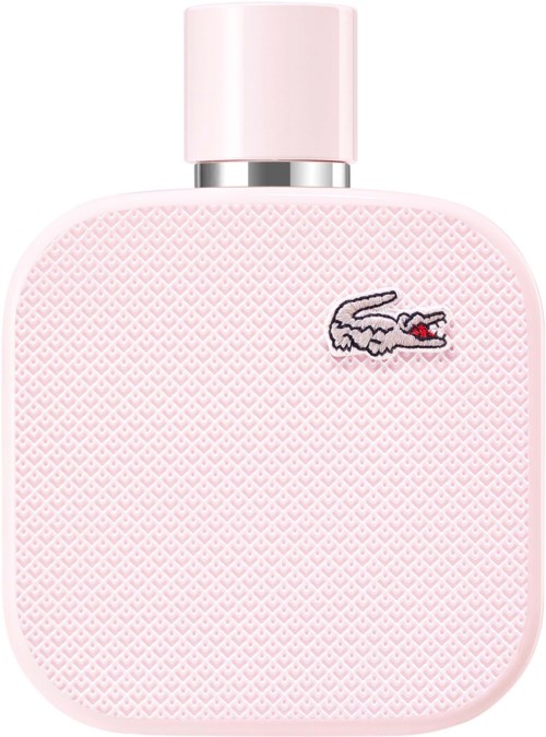 Een roze Lacoste-parfumbidon met een getextureerd oppervlak en een kleine krokodillestijl.