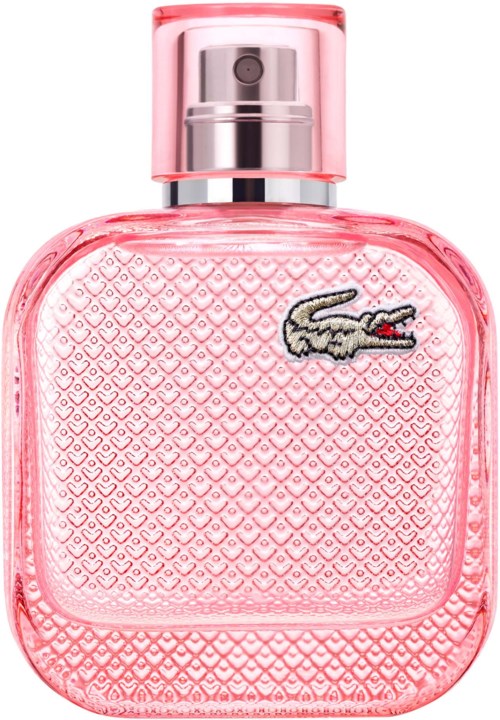 Roze Lacoste parfumfles met textuurrijk patroon en krokodillalogo.