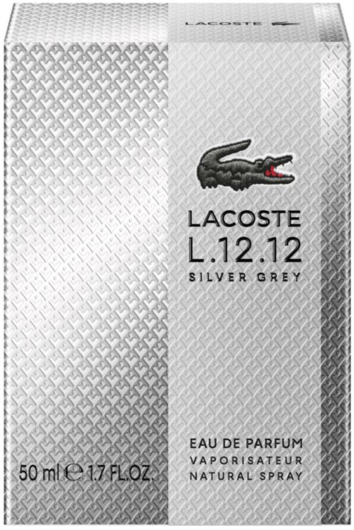 Parfumdoos met Lacoste-krokodill-logo, parfumnaam L.12.12 Silver Grey en details over formaat en type.