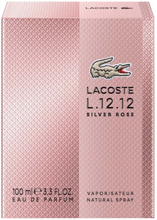 Roze parfumdoos met Lacoste krokodillelog, vermeldt L.12.12 Silver Rose, 100 ml, natuurlijke spray.