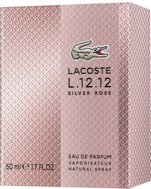 Lacoste parfumendoos met krokodillilogo, roze en grijs gestreept ontwerp, en details over grootte en geur.