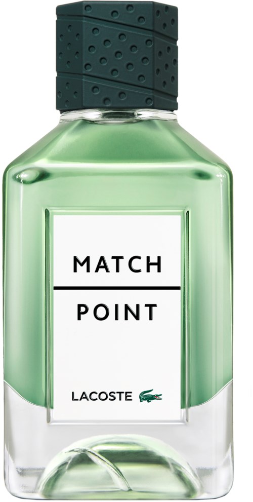 En grønn parfymeflaske med en svart teksturert hette, merket Lacoste, kalt Match Point.