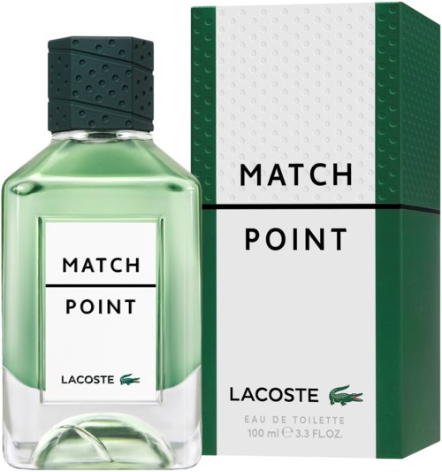 En Lacoste-parfymeflaske og eske i grønt og hvitt med etiketten 'Match Point'.
