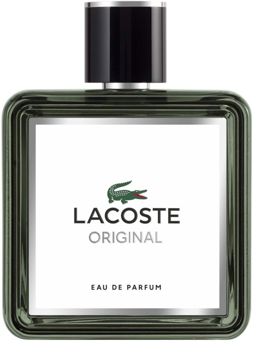 Een fles Lacoste Original Eau de Parfum met een zwarte dop, groene glazen fles en wit label.