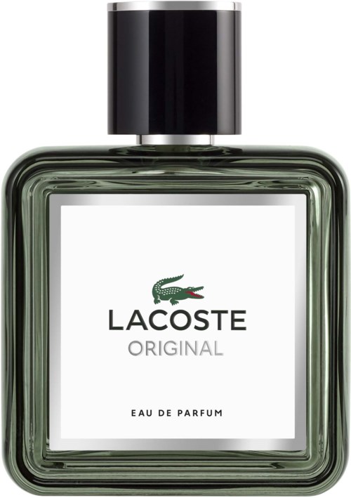 Een Lacoste Original parfumfles met zwarte dop, helder glas en een wit label met het Lacoste-krokodillen logo.