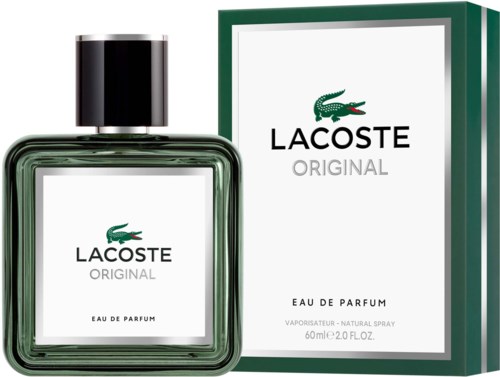 Een Lacoste-parfumfles en doos, beiden groen en wit met een krokodilllogo, tonen de tekst "Original" en "Eau de Parfum."