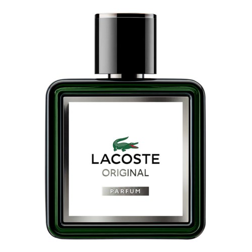 Een Lacoste-parfumfles met een krokodillenlogo, zwarte dop en wit etiket. Het heet Lacoste Original.