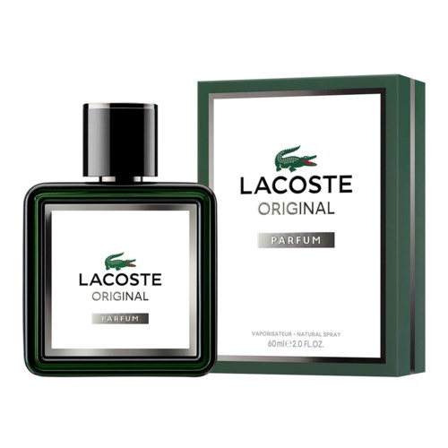 Een parfumfles en doos met Lacoste-logo, groen en wit kleuren, in een eenvoudige moderne stijl.
