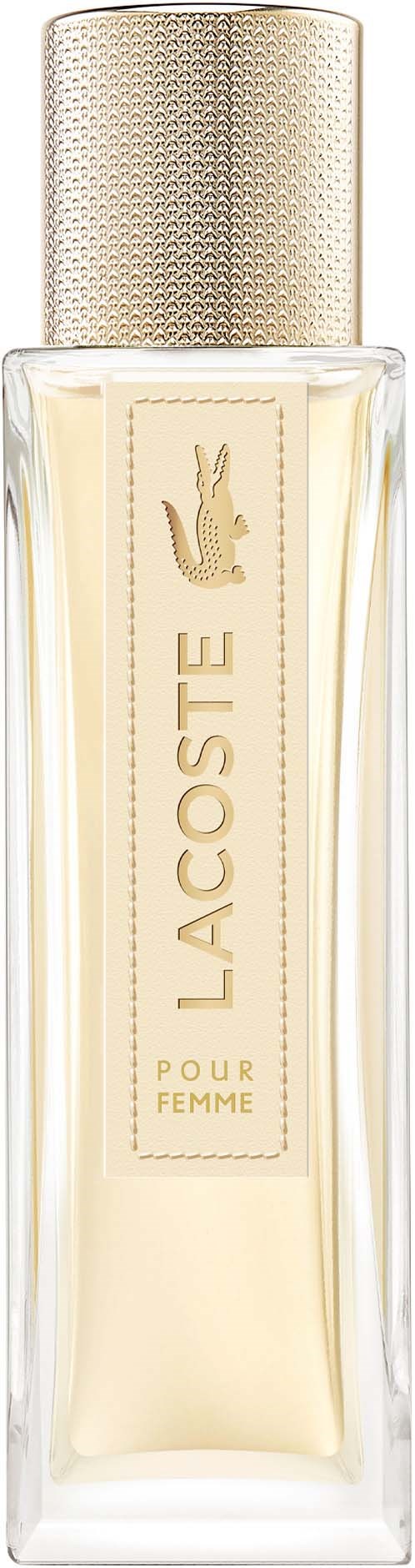 Lacoste parfumfles met lichte vloeistof, goudkleurige dop en Lacoste-logo op het label.