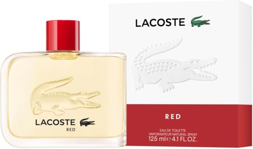 Lacoste Red parfumfles en doos met krokodillenaam, rode accenten en productinformatie.