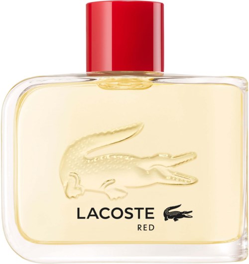 Een Lacoste Red parfumfles met een rode dop en krokodillogoot op de voorkant.