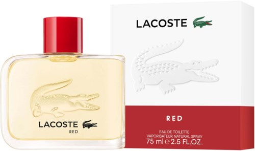 Lacoste Red parfumfles en doos met krokodillollog en productinformatie.