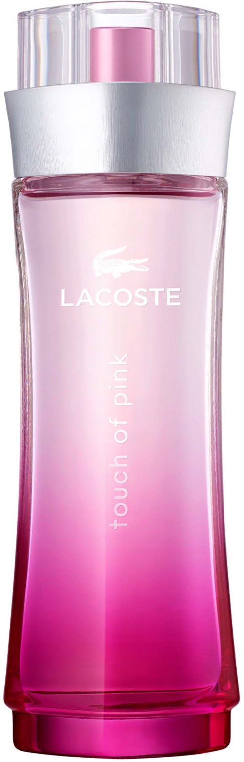 Een roze getinte parfumfles met een zilveren deksel en de tekst 'Lacoste Touch of Pink'.