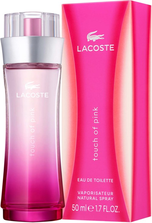 Een roze Lacoste Touch of Pink parfumfles naast de bijpassende roze doos.