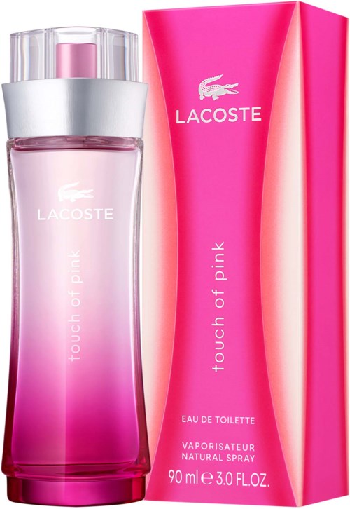 Lacoste Touch of Pink parfumfles en doos in roze en wit.