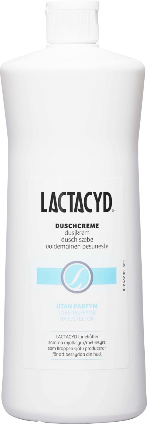 A white bottle of Lactacyd shower cream with blue and black text and a blue swirl design.