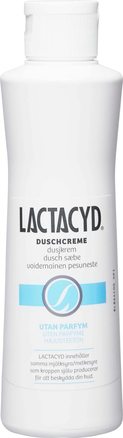 A white bottle with a label that says Lactacyd Duschcreme, for personal hygiene, with blue and black text.