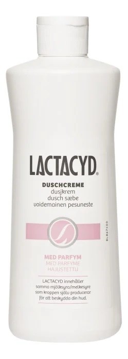 En vit flaska med Lactacyd duschkräm med rosa etikett, används för rengöring av huden.