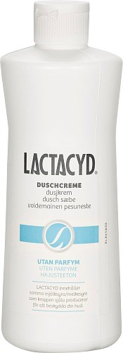 En vit flaska Lactacyd duschkräm med enkel etikett och blå accenter, för hudrengöring.