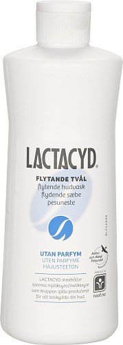 En vit flaska Lactacyd med vit lock, blå logo och text som anger att den är för skonsam hudrengöring.