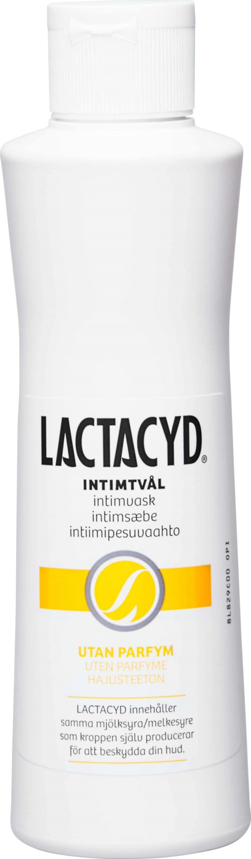 Vit flaska med Lactacyd intimtvätt med gul och svart etikett, utan doft.