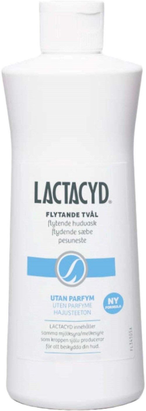 A white bottle of Lactacyd liquid face and body wash, without perfume, for clean skin.