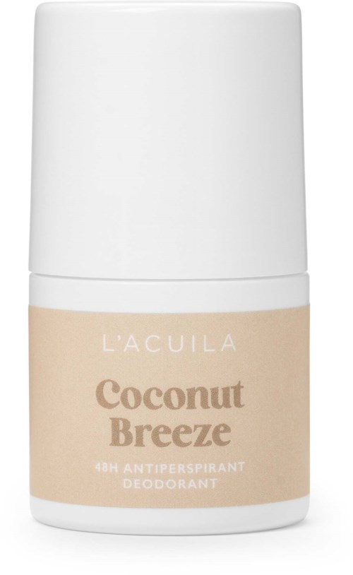 Een klein wit flesje met een beige label waarop staat "L'Aquila Coconut Breeze 48H Antiperspirant Deodorant."