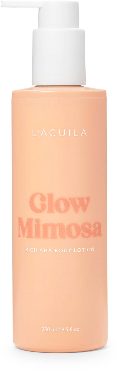 A light pink bottle with a white pump and label that says 'Glow Mimosa' and 'L'ACUILA' on it.