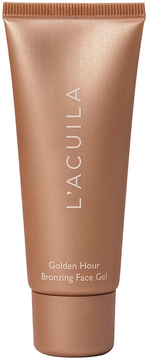 En kopparfärgad tub märkt 'L'ACQUILA Golden Hour Bronzings Face Gel' står upprätt.