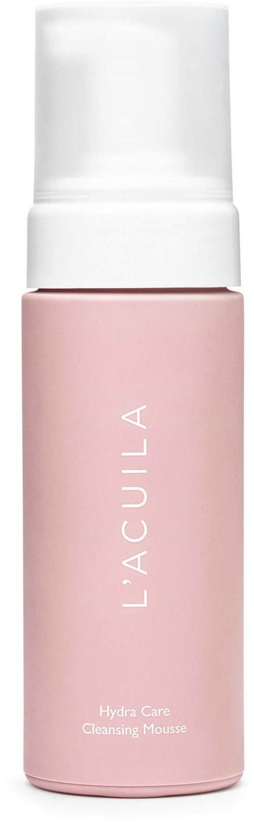 Lyserosa flaske merket 'L'ACUILA Hydra Care Cleansing Mousse' med hvit kork.