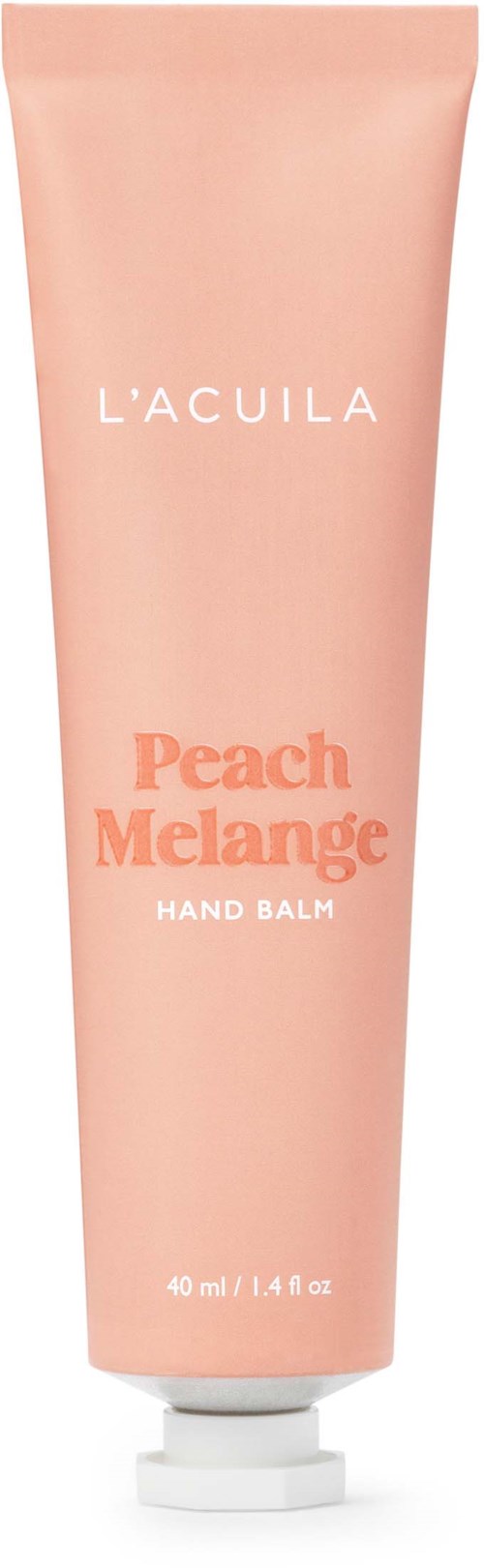 En ferskenfarget tube merket L'Acuila Peach Melange Hand Balm. Den inneholder 40 ml krem.