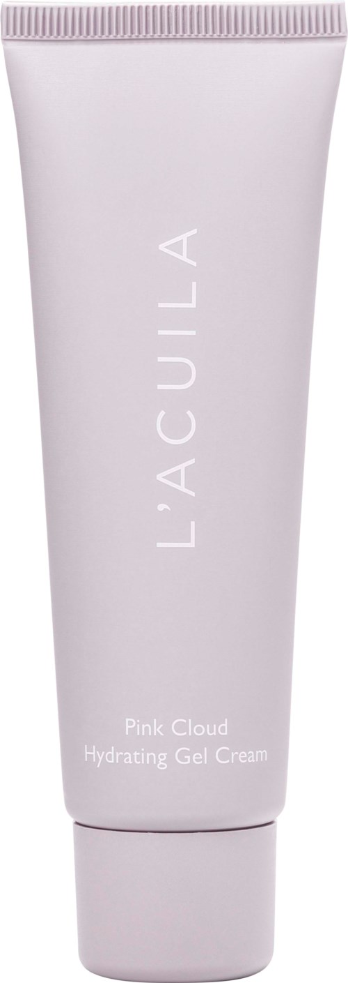 Een witte tube met de tekst 'LACUIA Pink Cloud Hydrating Gel Cream' staat rechtop met een roze dop.