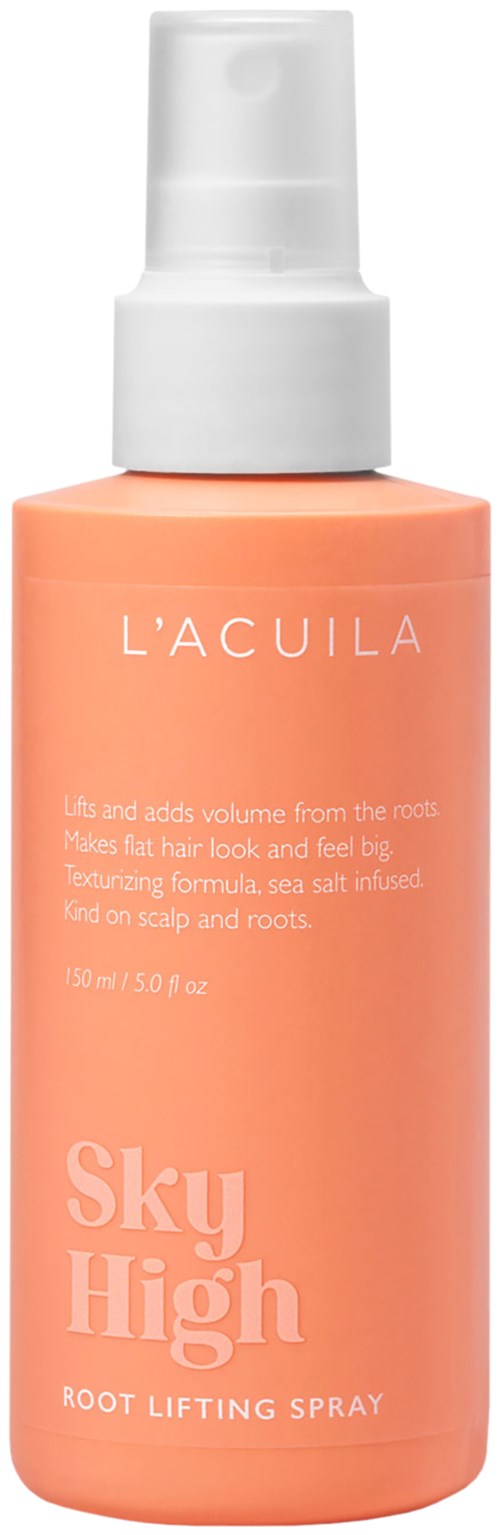 A peach-colored spray bottle with a white cap, labeled L'ACUILA Sky High Root Lifting Spray.