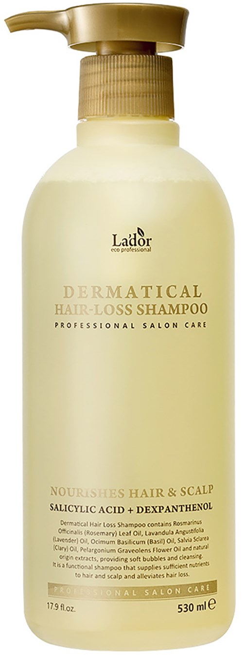 Een fles shampoo met pomp, bedoeld voor haar en hoofdhuid, bevat 530 ml.