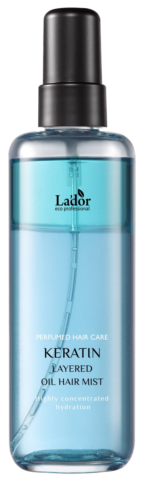 Blauwe doorzichtige sprayfles met zwarte dop, gelabeld als Keratin layered oil hair mist.
